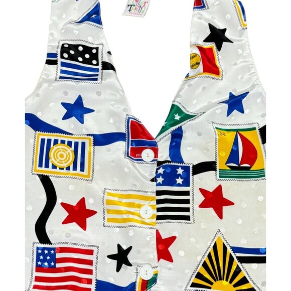 VTG SILKY NAUTICAL VEST SZ M / L  WHITE SAILING STARS STAMPS THEMED WOMENS - Picture 2 of 5